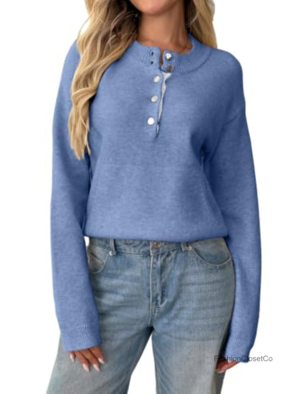 Women's Henley Sweater Half Button Crewneck Pullover with Pocket